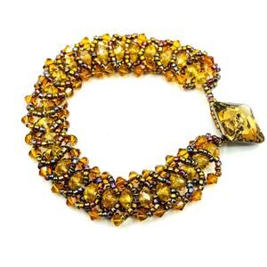 Golden Brown and Yellow Flat Spiral Stitch Seed Bead Bracelet 6.25"
